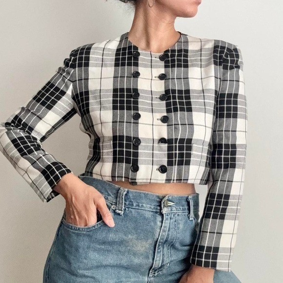 Vintage Black + White Plaid Crop Blazer Bolero Prep Jacket 90s Western