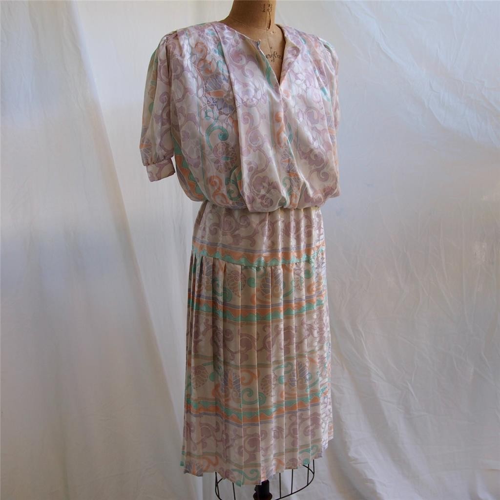 vtg 80s PERCEPTIONS Floral Pleated Skirt Elastic Waist Dress ILGWU Secretary 7/8