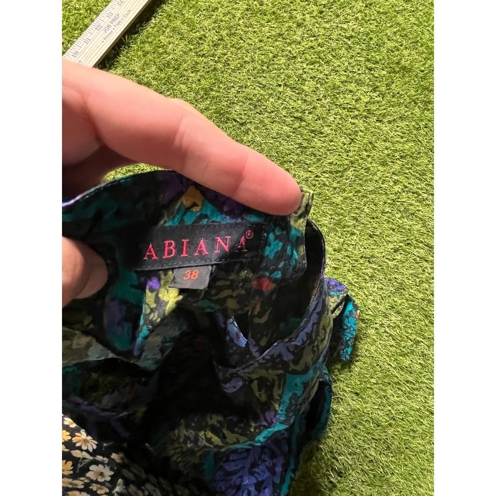Abiana Vintage 100% Silk Abstract Paisley Blouse Purple Teal Green Size 38