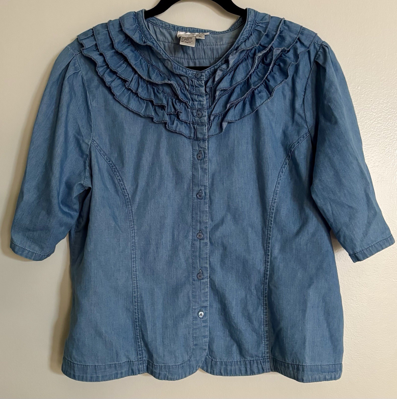 Vintage Blue Lightweight 100% Cotton Flattering Ruffle Collar Short Sleeve XL