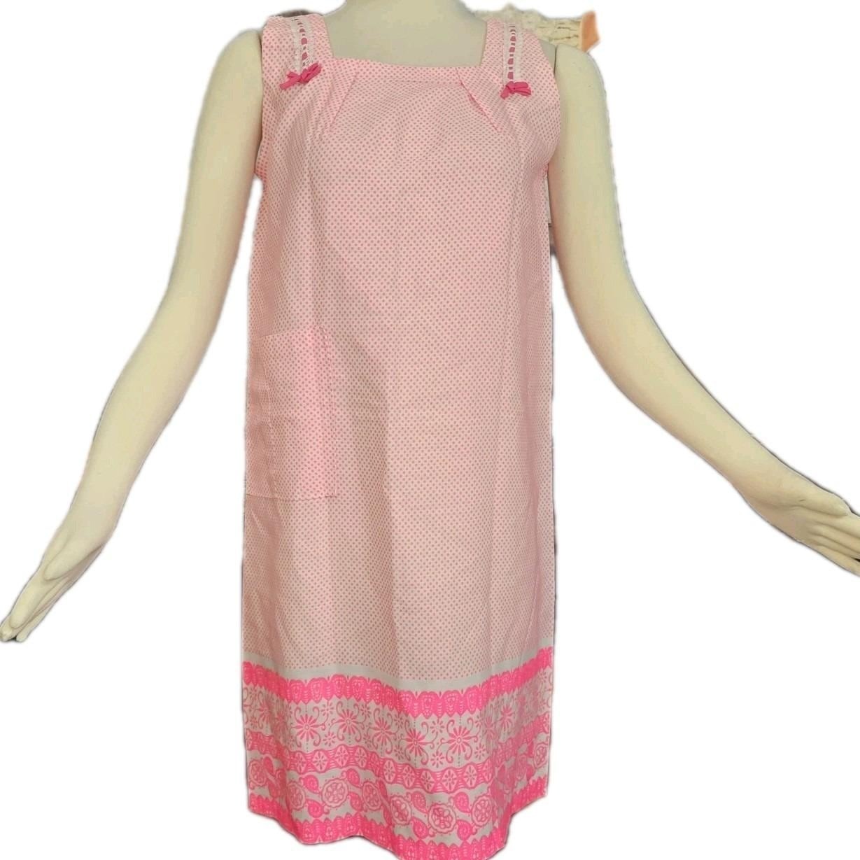 Vintage 1960’s Dress Shift Mod Bright Pink White Polka Dot Lace Bows Sleeveless
