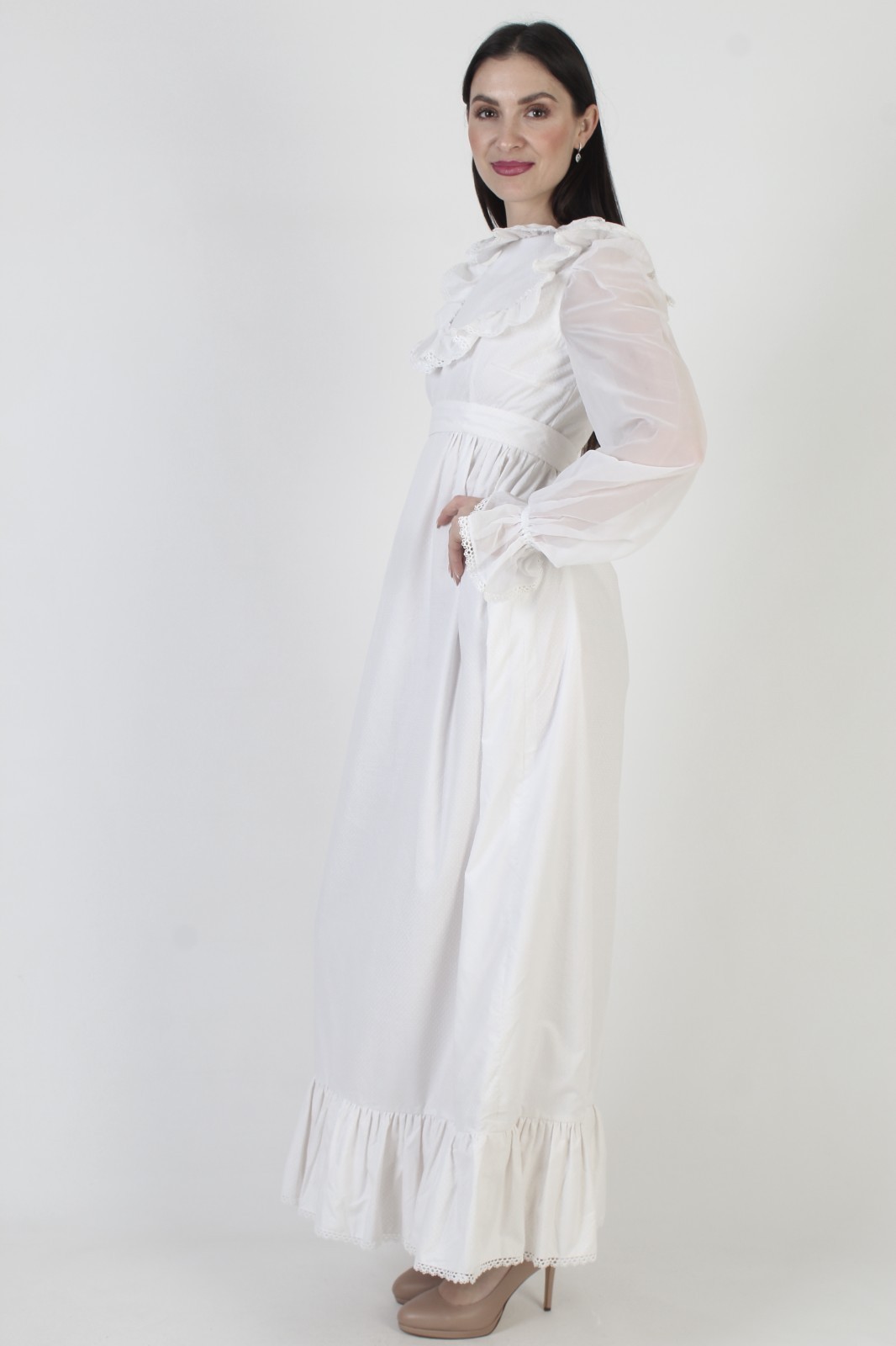 Vtg 70s White Swiss Dot Dress Victorian Wedding Bridal Prairie Long Prom Gown