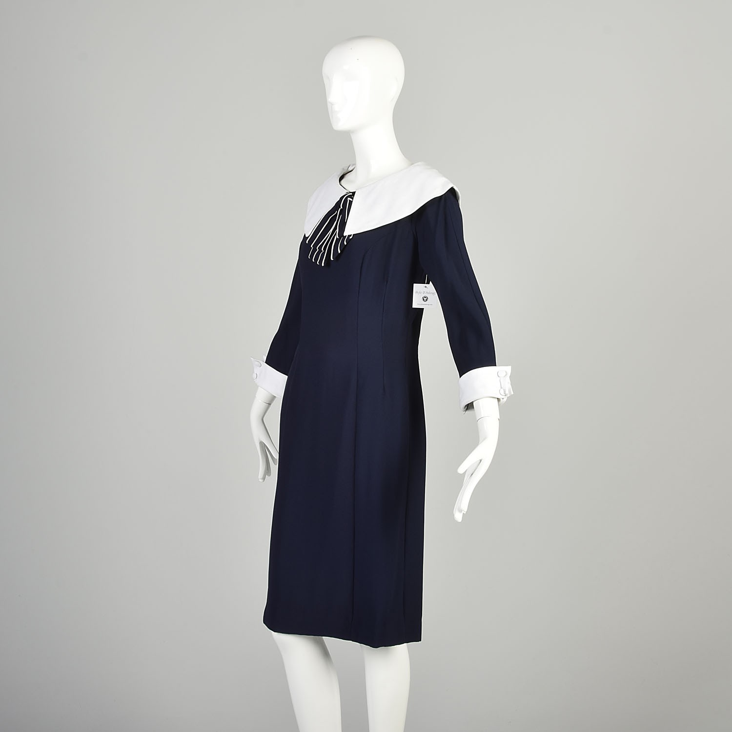 Large 1960s Navy Blue Dress Wide White Collar Stripe Bow 3/4 Sleeve French Cuff