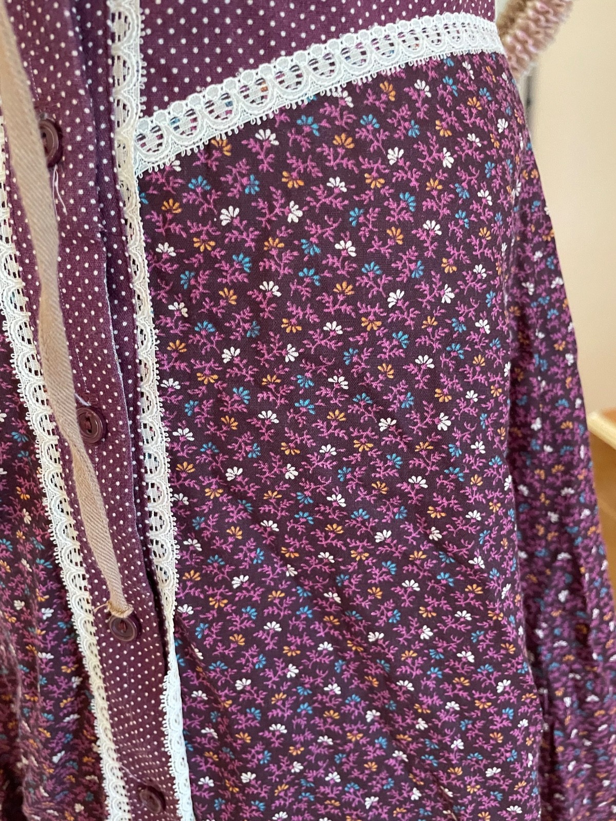 70s Corset Top Full Skirt Ditzy Print Calico Lace Hem S/M Cottagecore Rayon/Poly