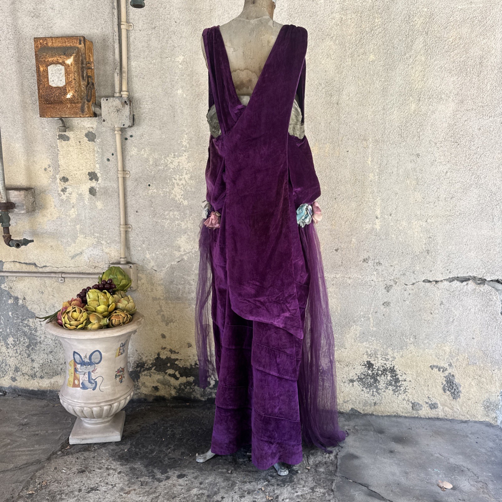 Antique Teens 1920s Purple Silk Velvet Gown Silver Lamé Flowers Dress Vintage