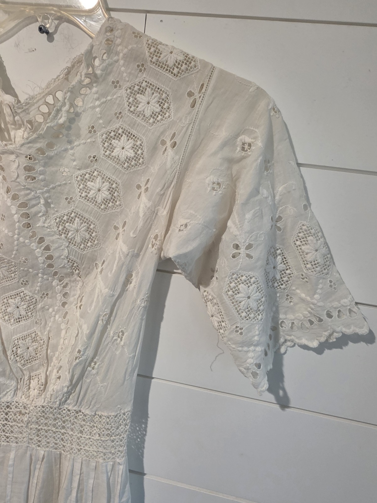 Antique Edwardian White Cotton Lawn Gown Embroidered Eyelet Lace Tea Dress XS