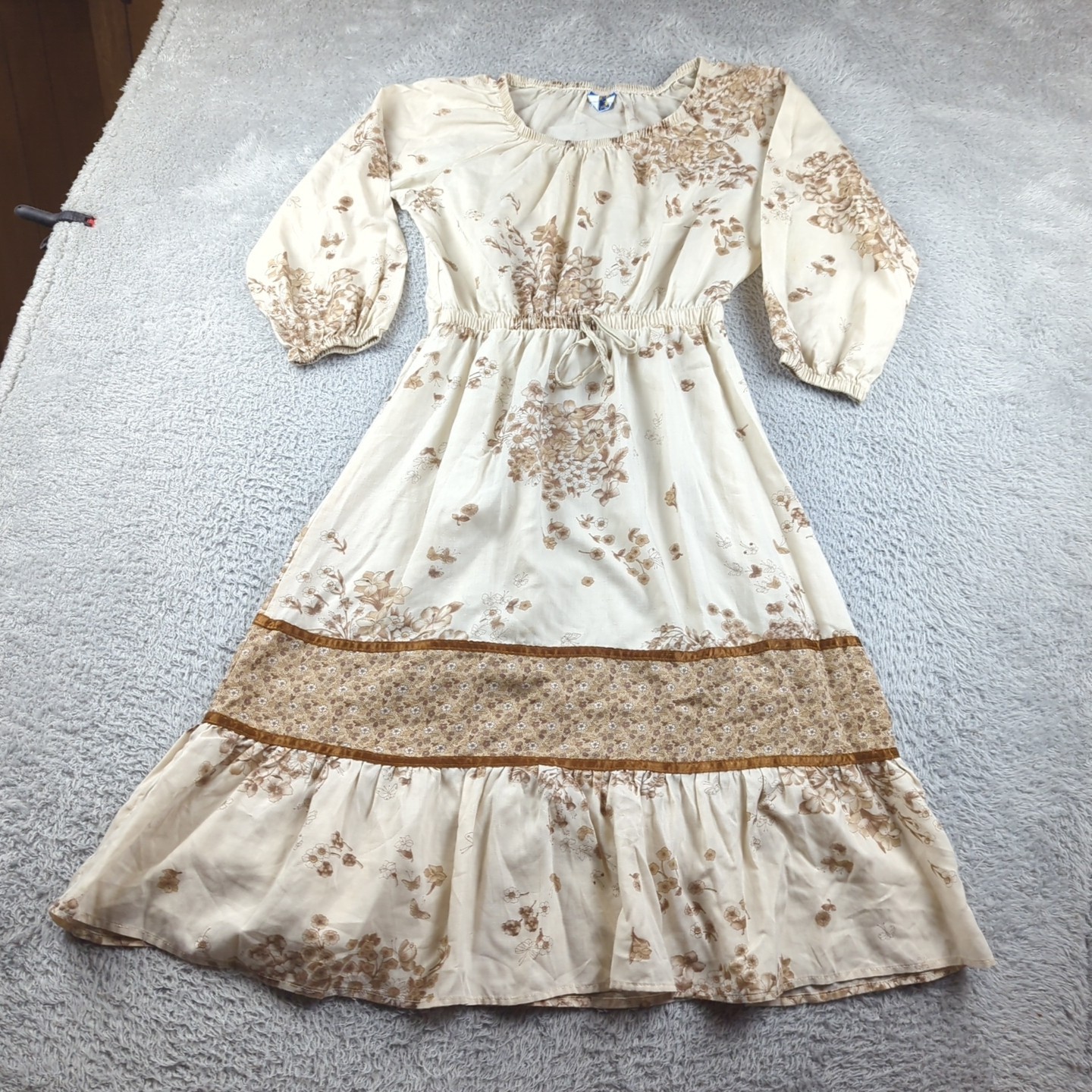 VTG 70s 80s Prairie Dress Women Beige Boho Cottage Core Tiered Paper Moon Yvette