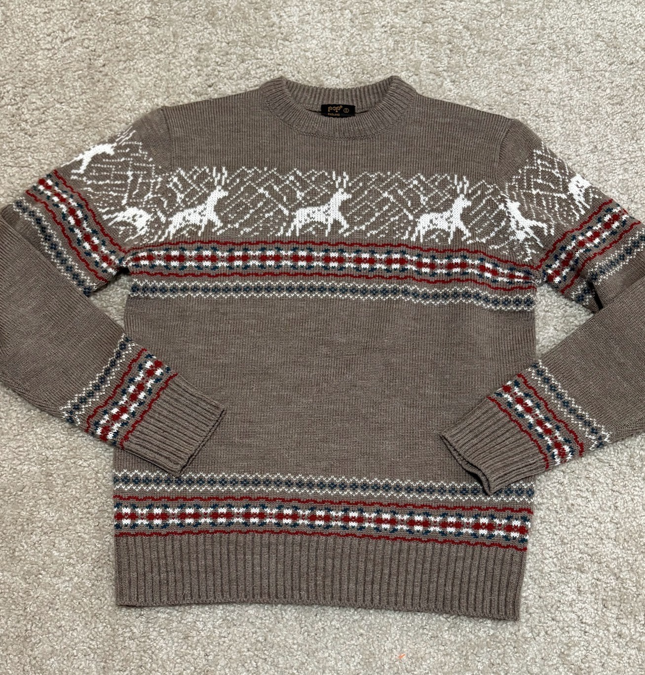 90’s VTG POP ENGLAND Nordic Fair Isle Holiday Sweater Retro Reindeer UNISEX/S