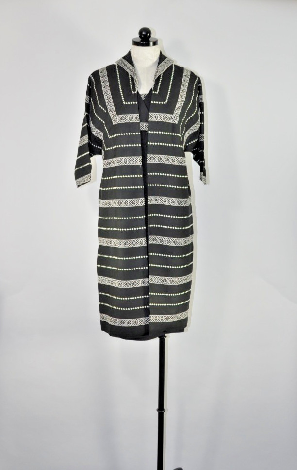 VTG 1950s Lilli Diamond Black White Embroidery Two Piece Coat Pencil Dress Set S