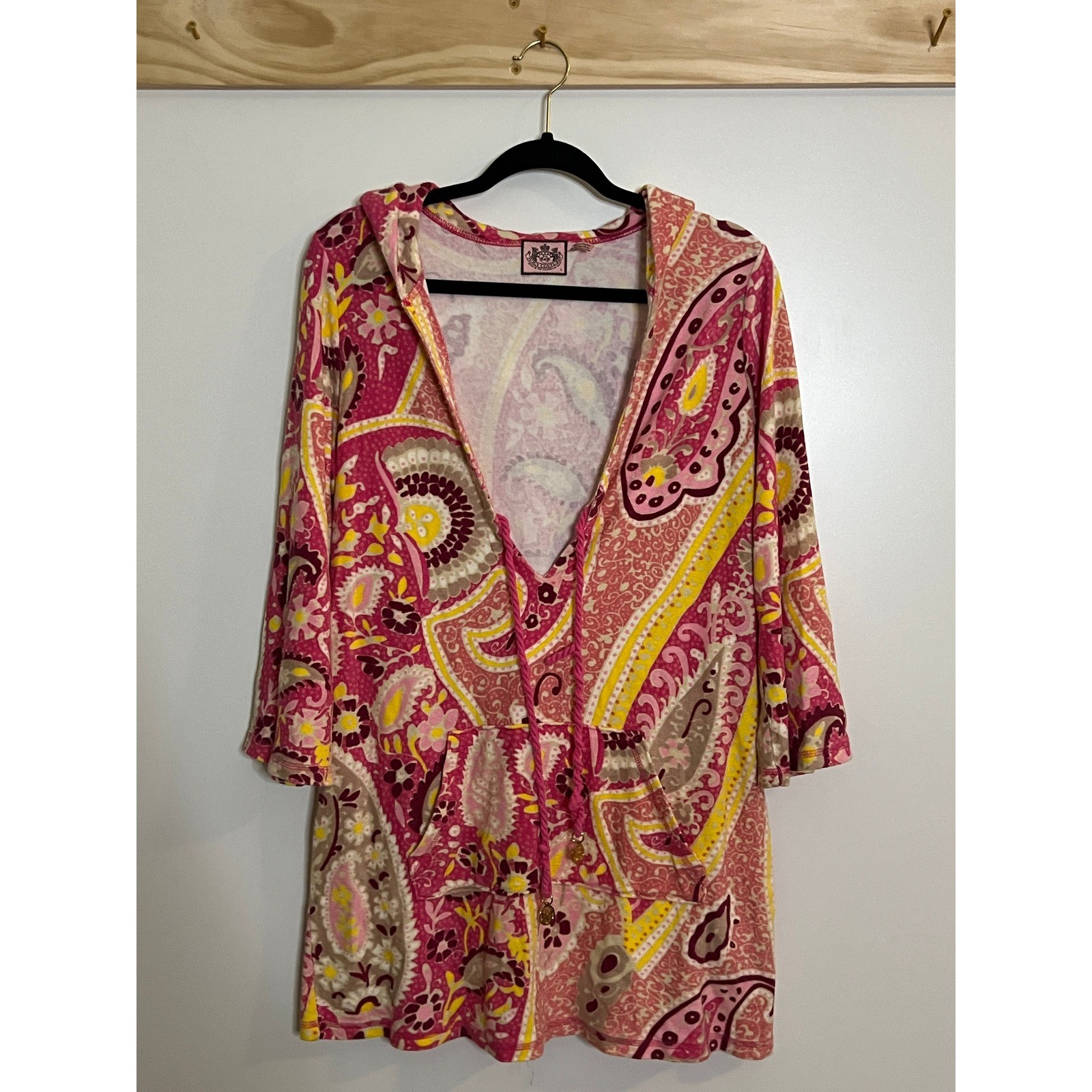 Vintage Juicy Couture Swim Coverup Terry Cloth Hooded Paisley Y2K Women Sz