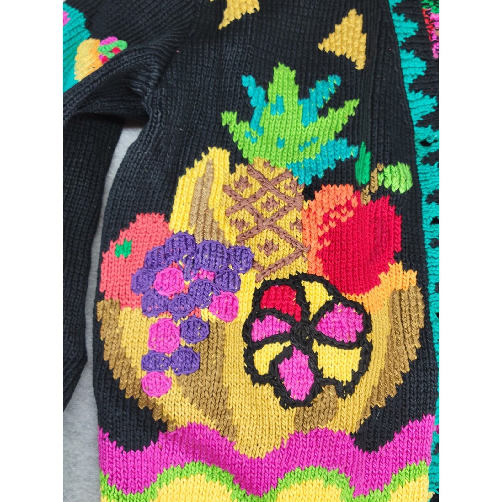 Berek Vintage Hand Knit Pima Cotton Tropical Fruit Cardigan Bergdorf Goodman L