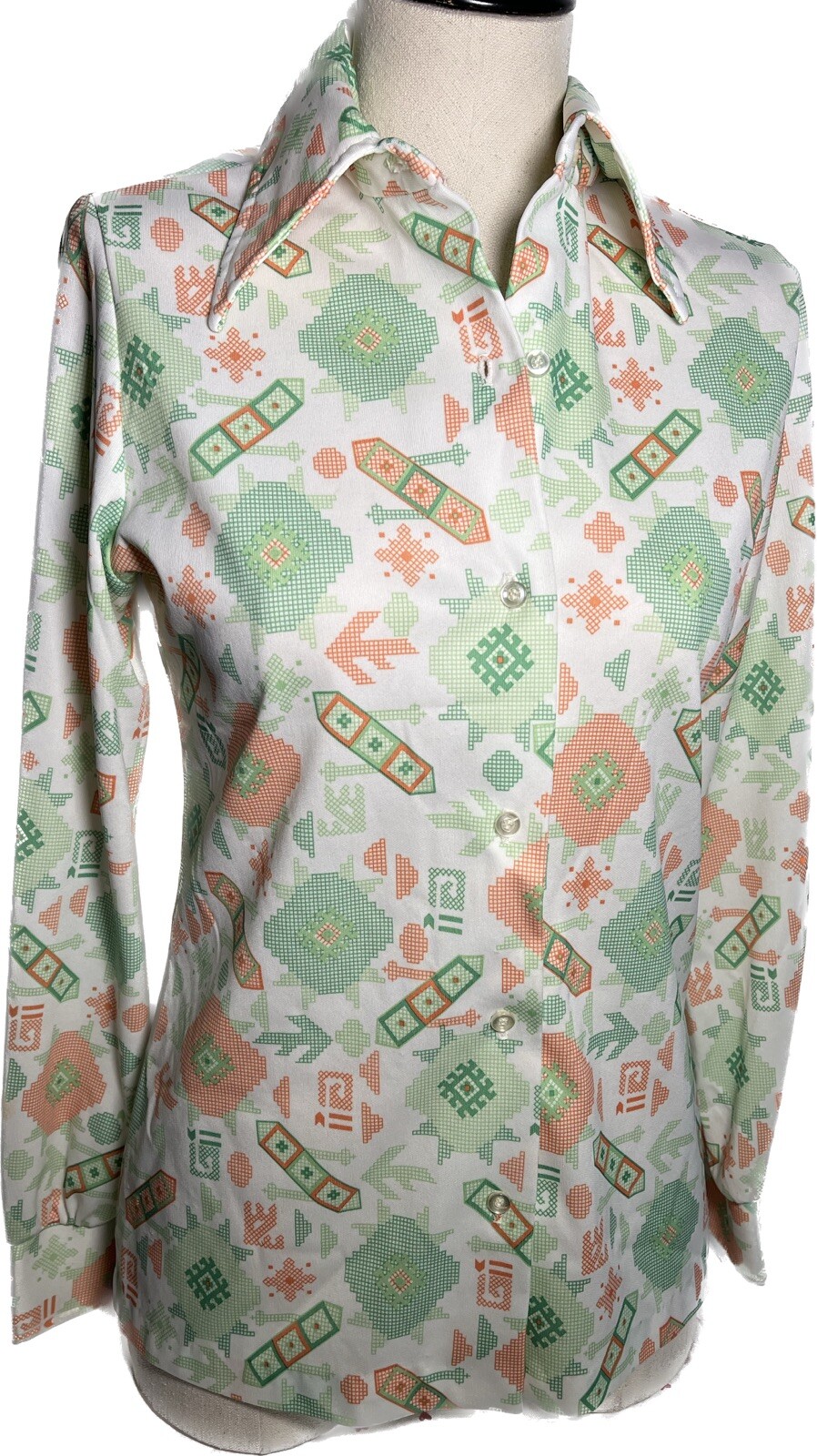 Vtg 60s Shirt Polyester Button Top Geometric Arrow Aztec White Green Orange S 36