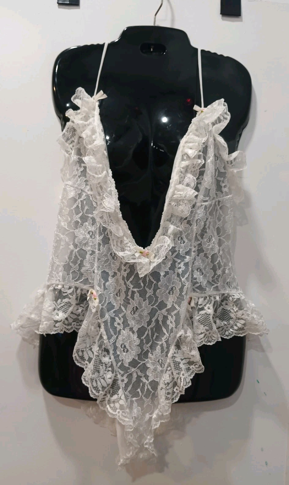 Vintage 70s 80s Tosca White Lingerie Frilly Ruffled Lace Teddy Bodysuit Romper