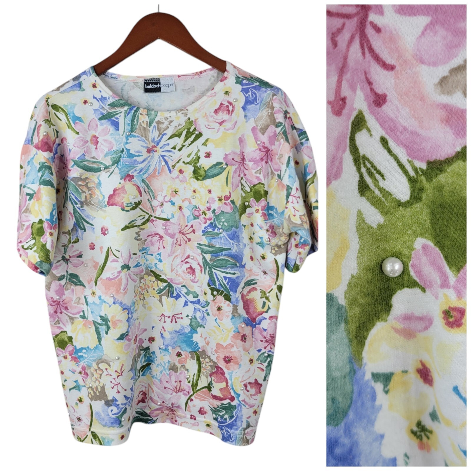 Vintage 90s T-Shirt Size Medium Floral All Over Print top Pearl Yellow Pink Blue