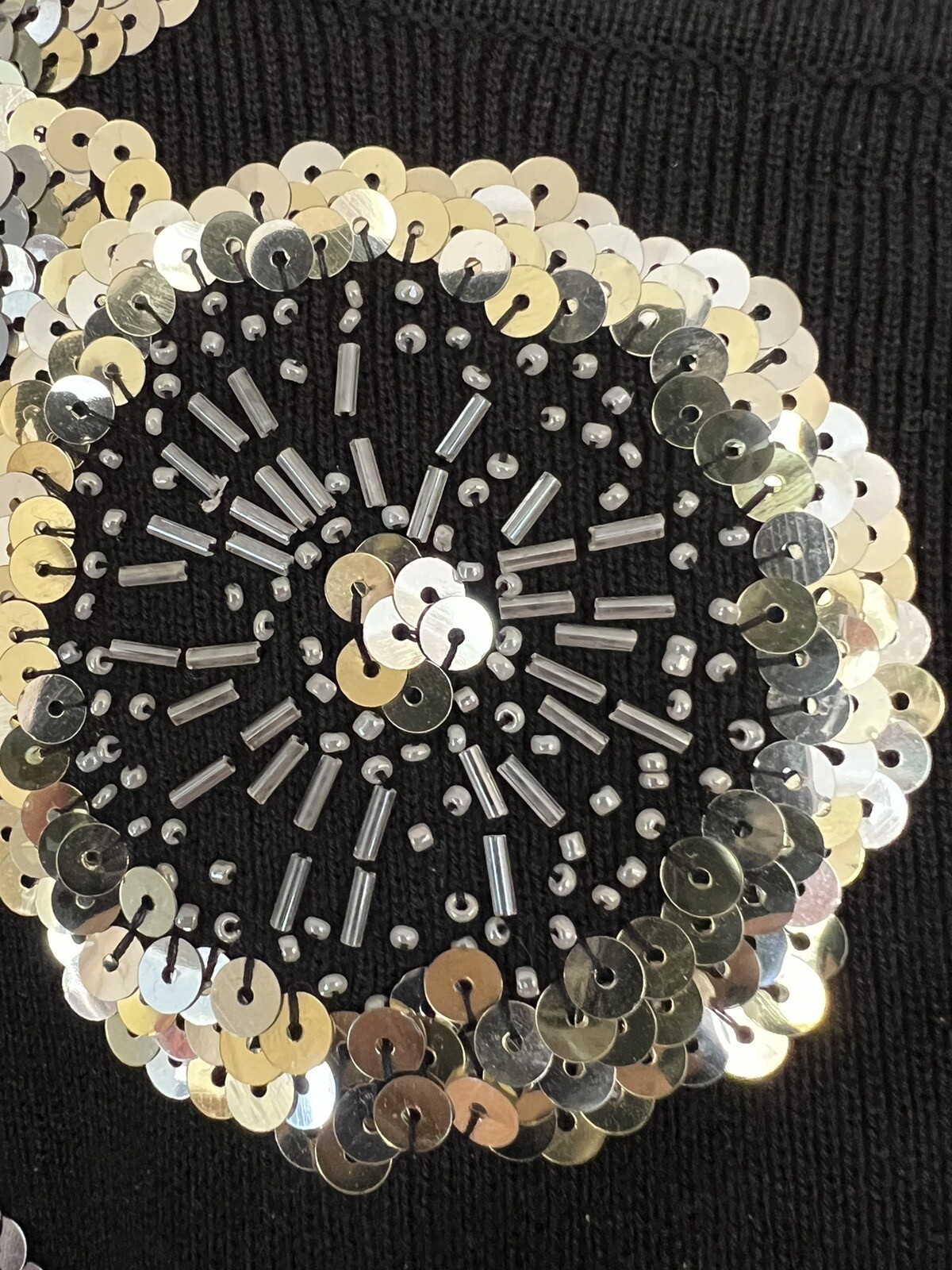 Vintage SIDE EFFECTS Black Sweater With Gold & Silver Sequined Flowers Sz Large