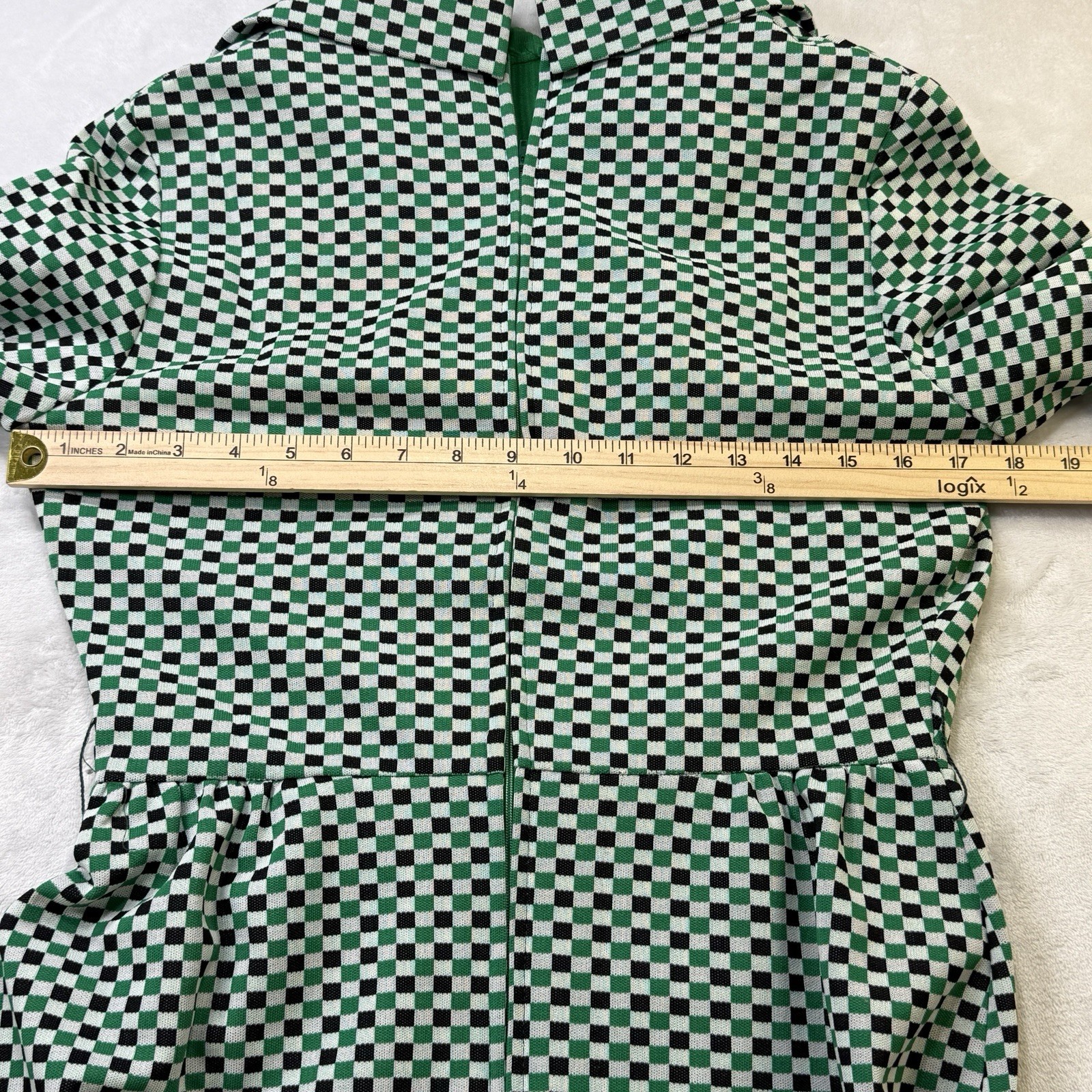 Vintage 70s Checkerboard Midi Dress Green Black Mod Disco Retro Boho
