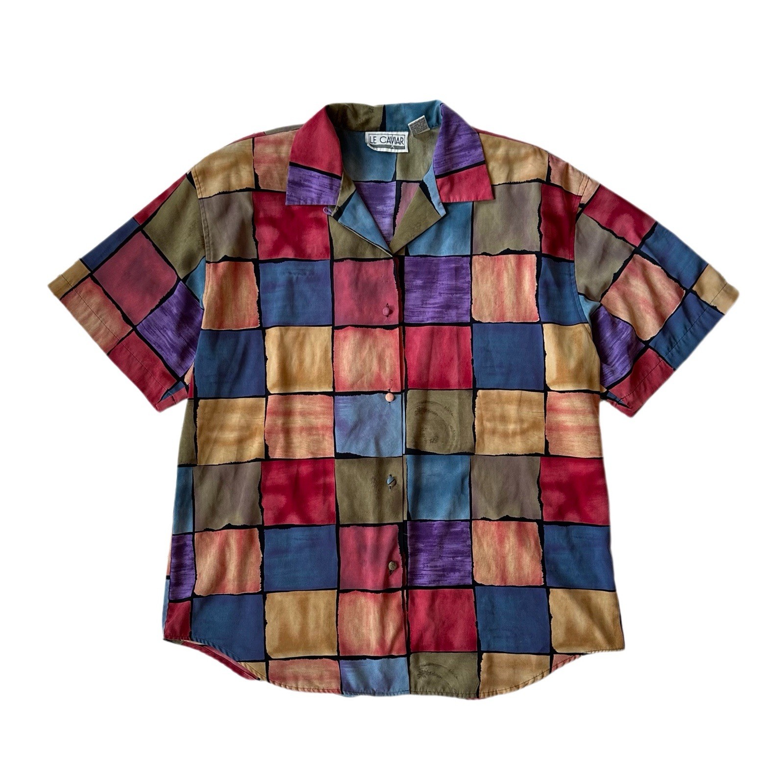 Vintage 80s Color block Oversized Large Short Sleeve Button Down Shirt