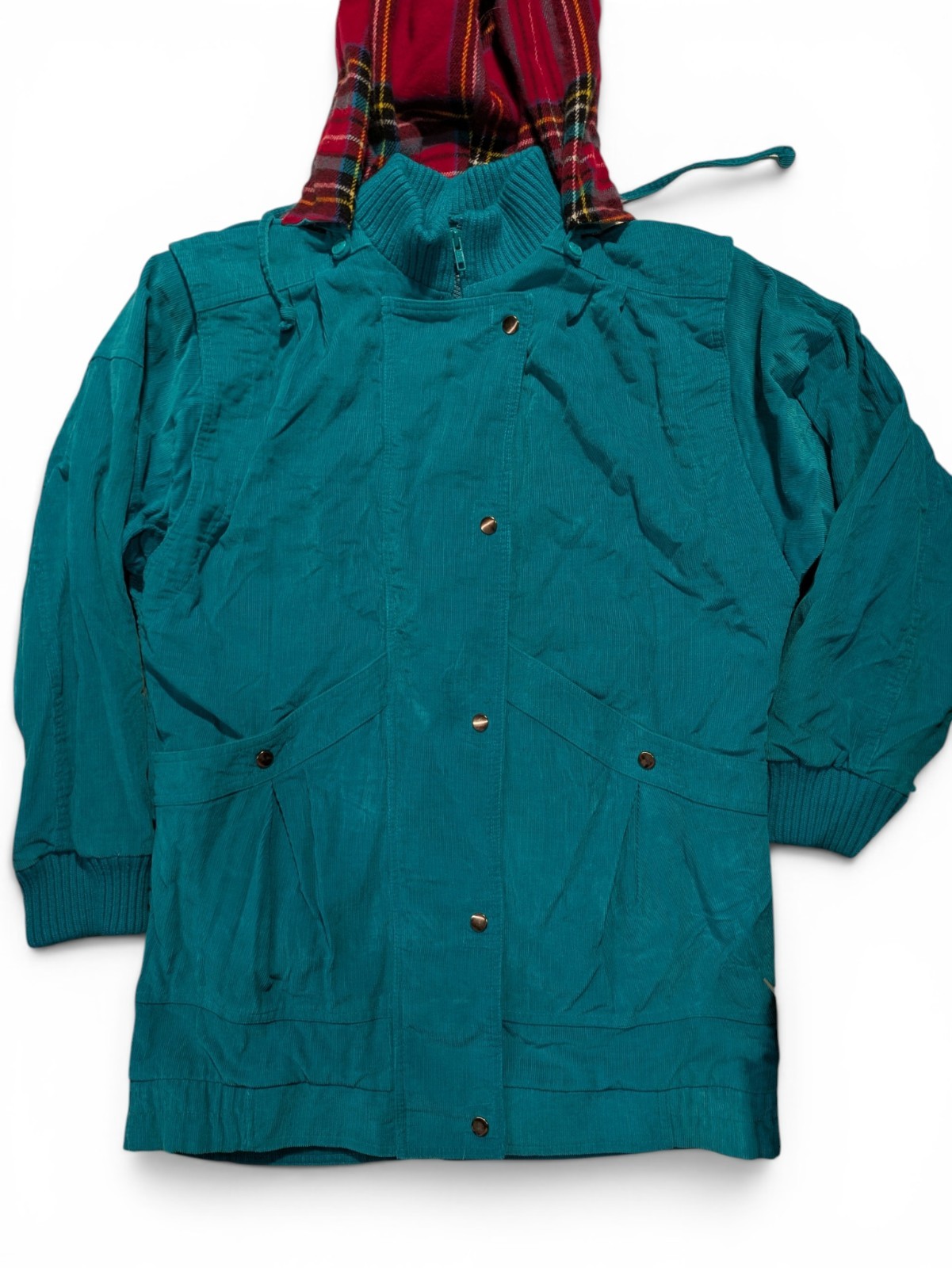 Vintage 80s JW Robinsons Teal Corduroy Hooded Jacket Plaid Lined Medium