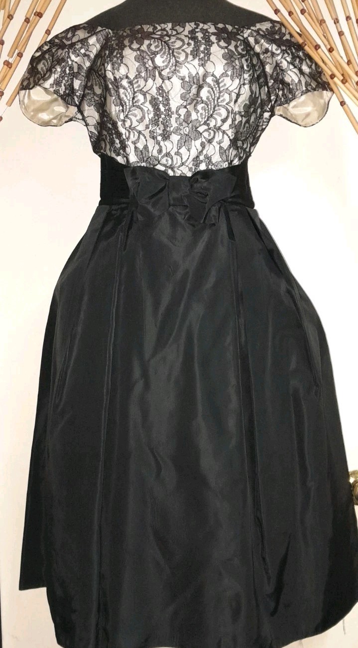 Vtg 50s Lace Illusion VLV Rare Audrey Hepburn Bow Cocktail Party Evening Dress M