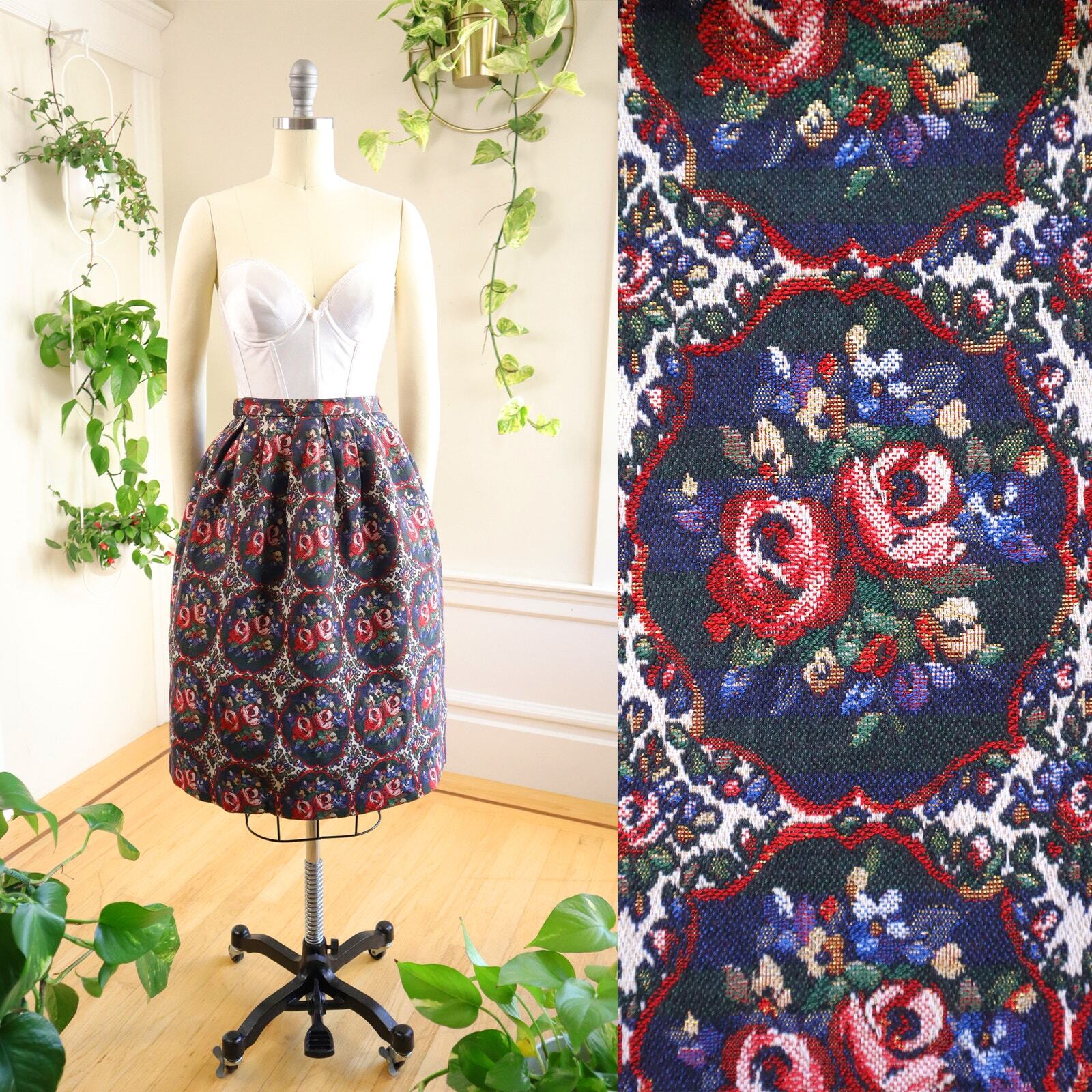 Vintage 1950s Skirt 50s Metallic Rose Cotton Tapestry Brocade Blue Swing Party