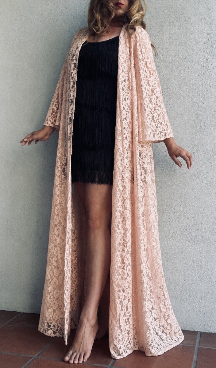 Rare VTG Olga 9120 Pink Lace Open Duster Robe Peignoir Full Length Boudoir M USA