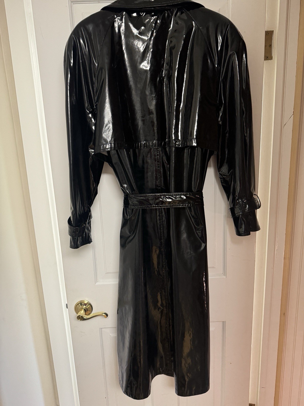 VINTAGE Slick Black Maxi Belted Trench Coat GANTOS USA Goth WM XL