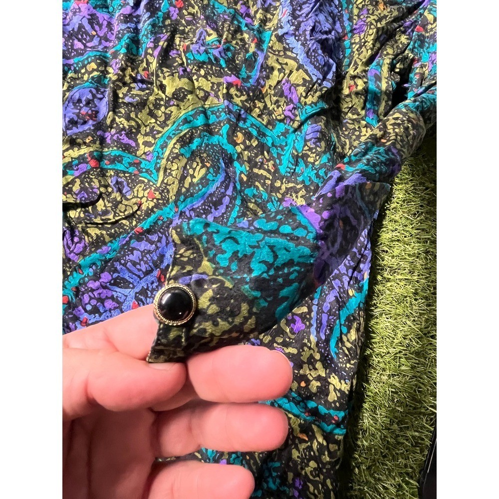Abiana Vintage 100% Silk Abstract Paisley Blouse Purple Teal Green Size 38