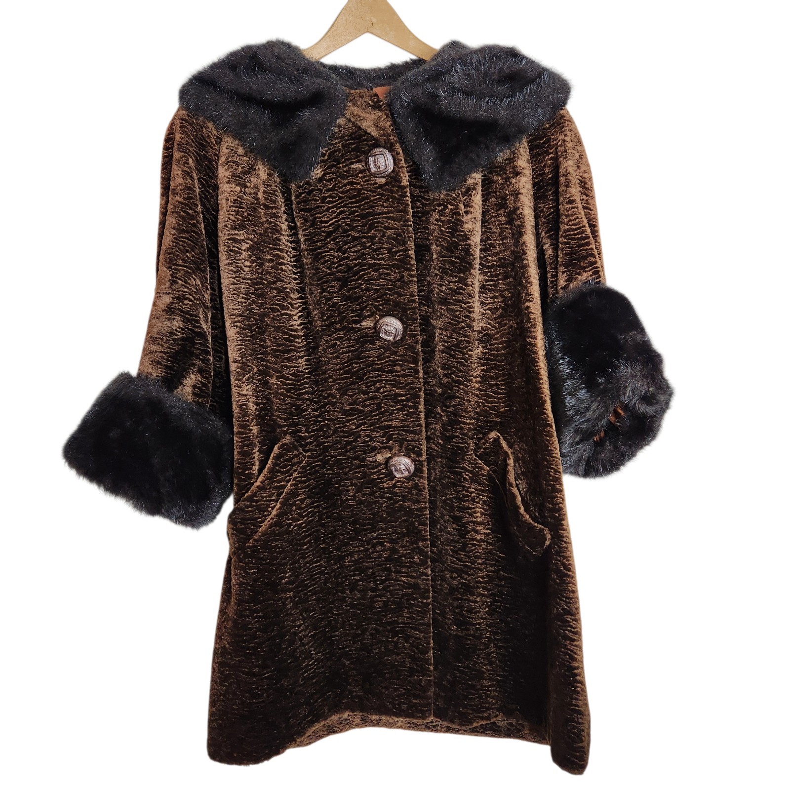 Vtg 60s Chocolate Brown Crushed Velvet Black Faux Fur Trim 3/4 Mod Coat Sz 7/8