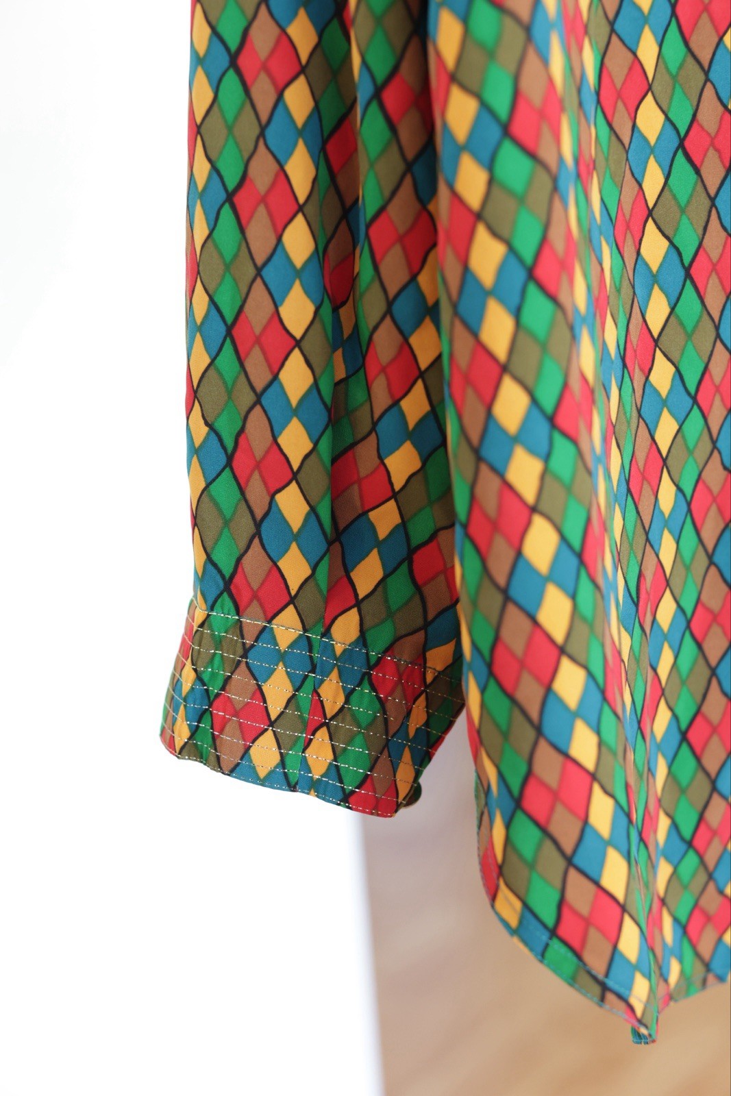 Vintage Multicolor Geometric Pattern Bow Tie Neck Blouse size M-L