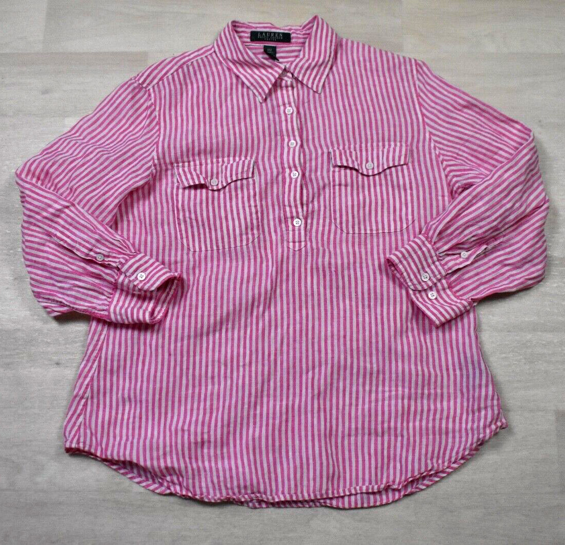 90s Ralph Lauren Linen Blouse 3/4 Sleeve Pink Stripe Petite Medium VTG
