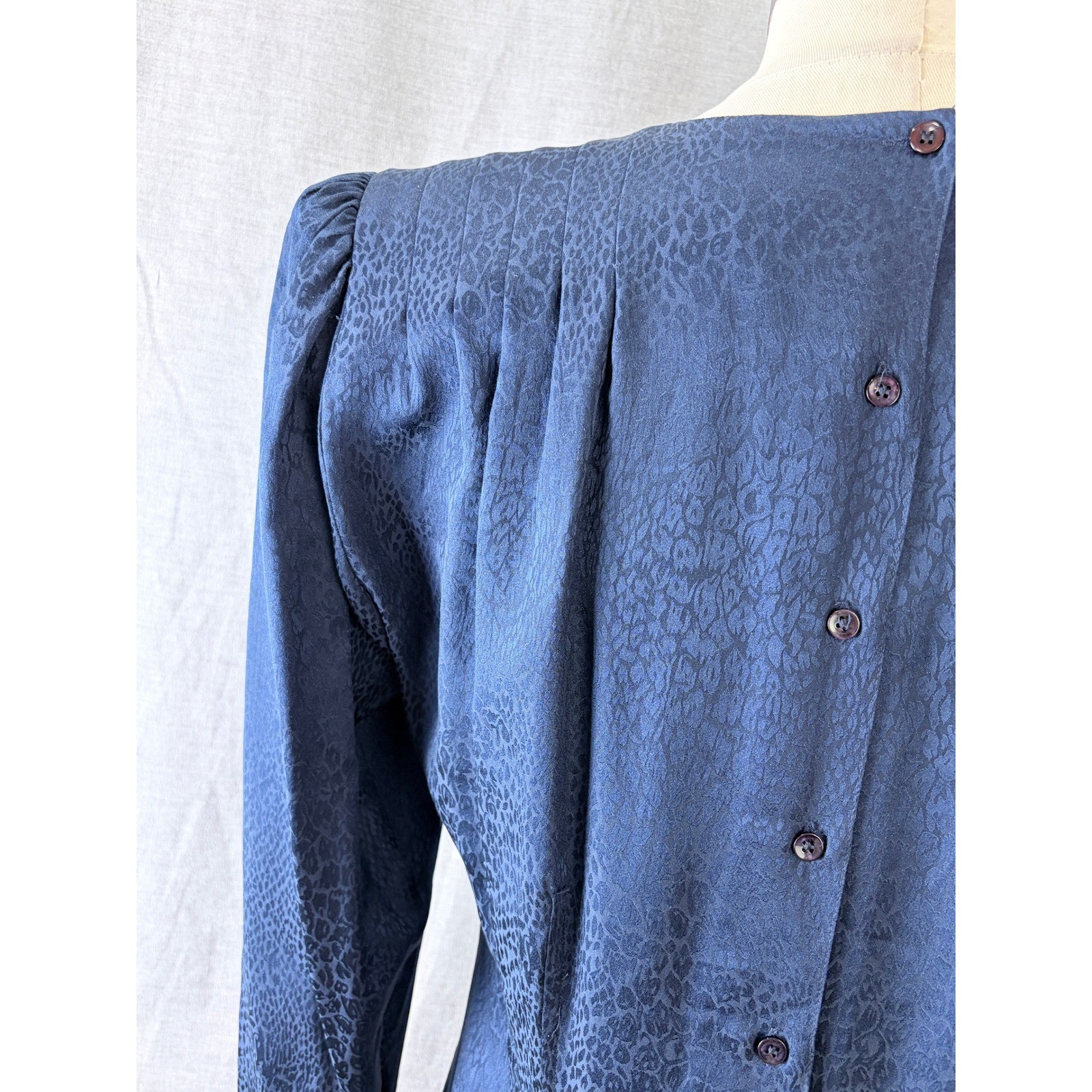 Argenti Vintage 80s Silk Leopard Jacquard Drop Waist Dress Navy 10 Dark Academia