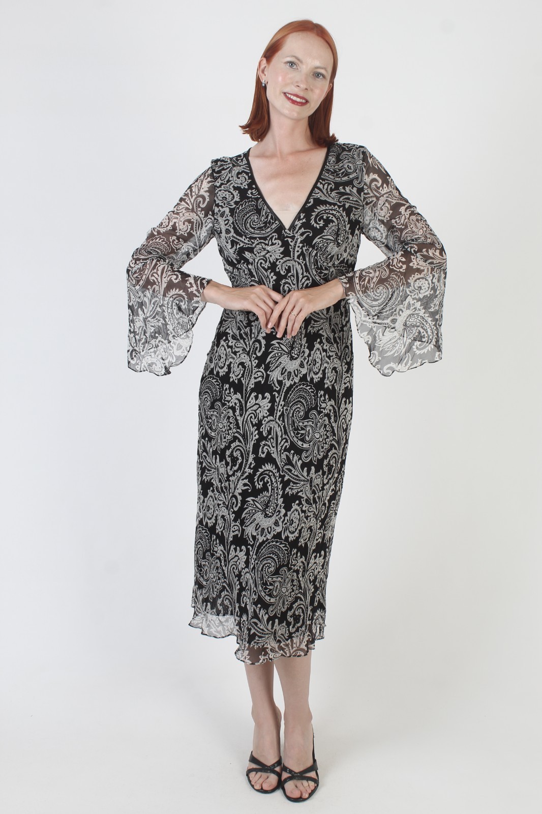 Vtg Black Silk Dress Ice Bell Slv Whimsygoth 90s Y2K Paisley Slip 2000s Midi 8