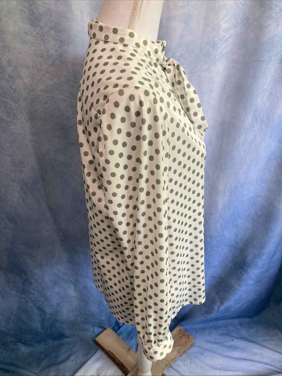Handmade 70s Style Polka Dot Pussybow Secretary Blouse Sage Green White Fits XS