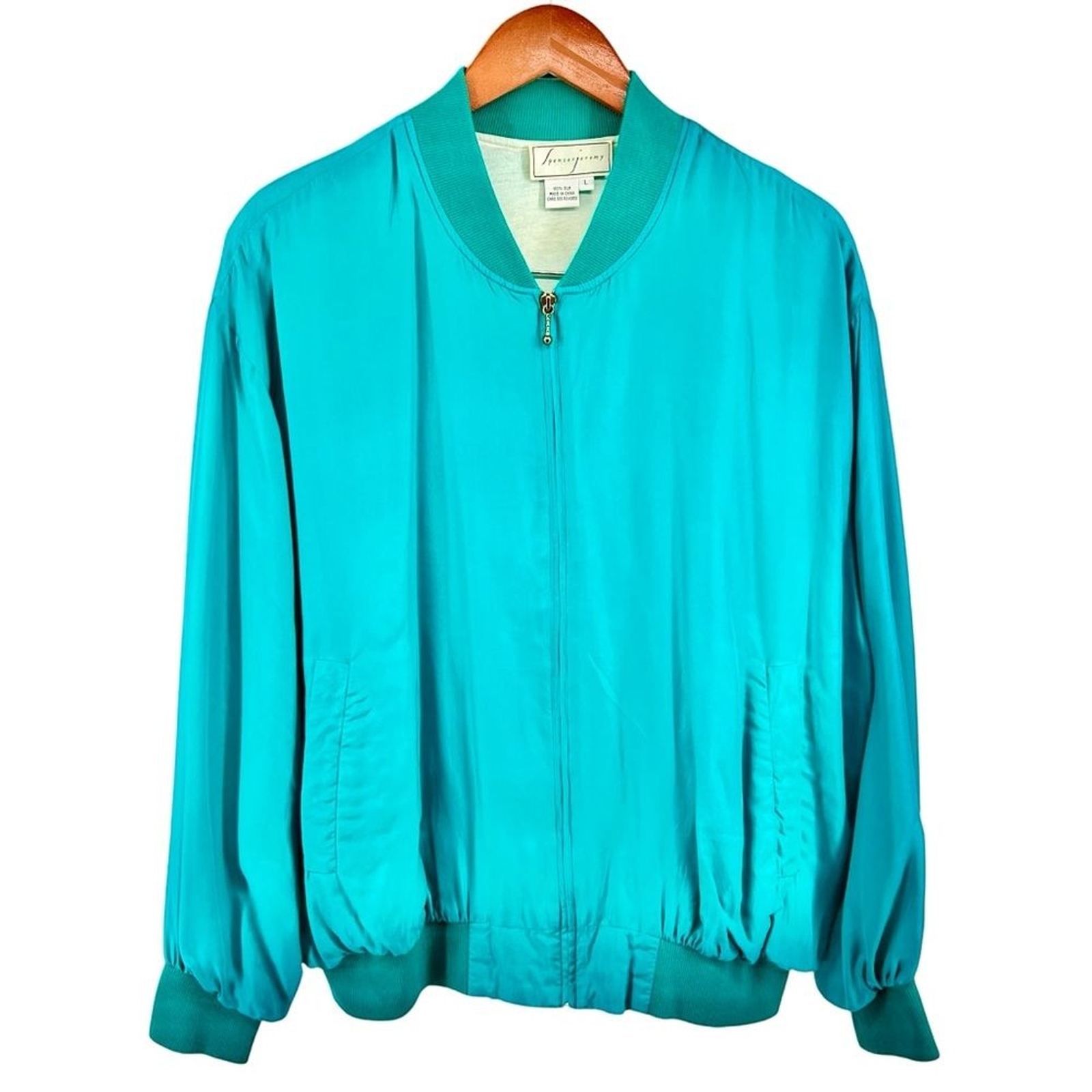 Vintage Spencer Jeremy 100% Silk 2 Piece Set Track Suit Large Dark Turquoise
