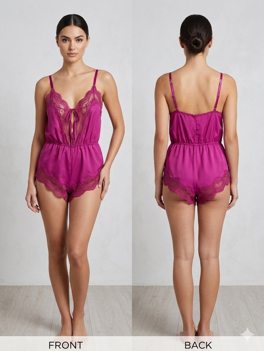 VTG 80s Blush Val Mode Magenta Satin Lace Teddy Romper Small USA High Cut