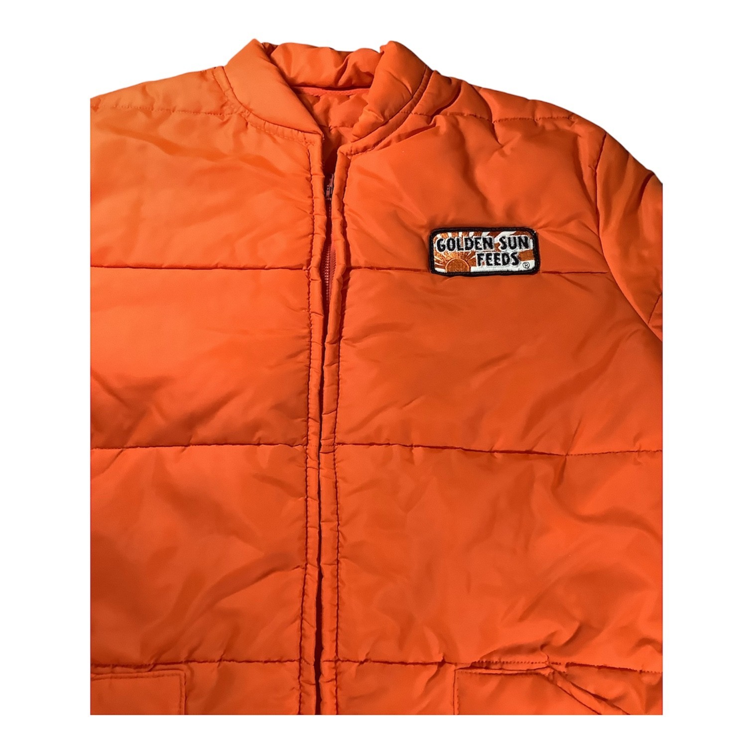 Golden Sun Feeds 1970s Vintage Orange Puffer Jacket New Condition Mens XL