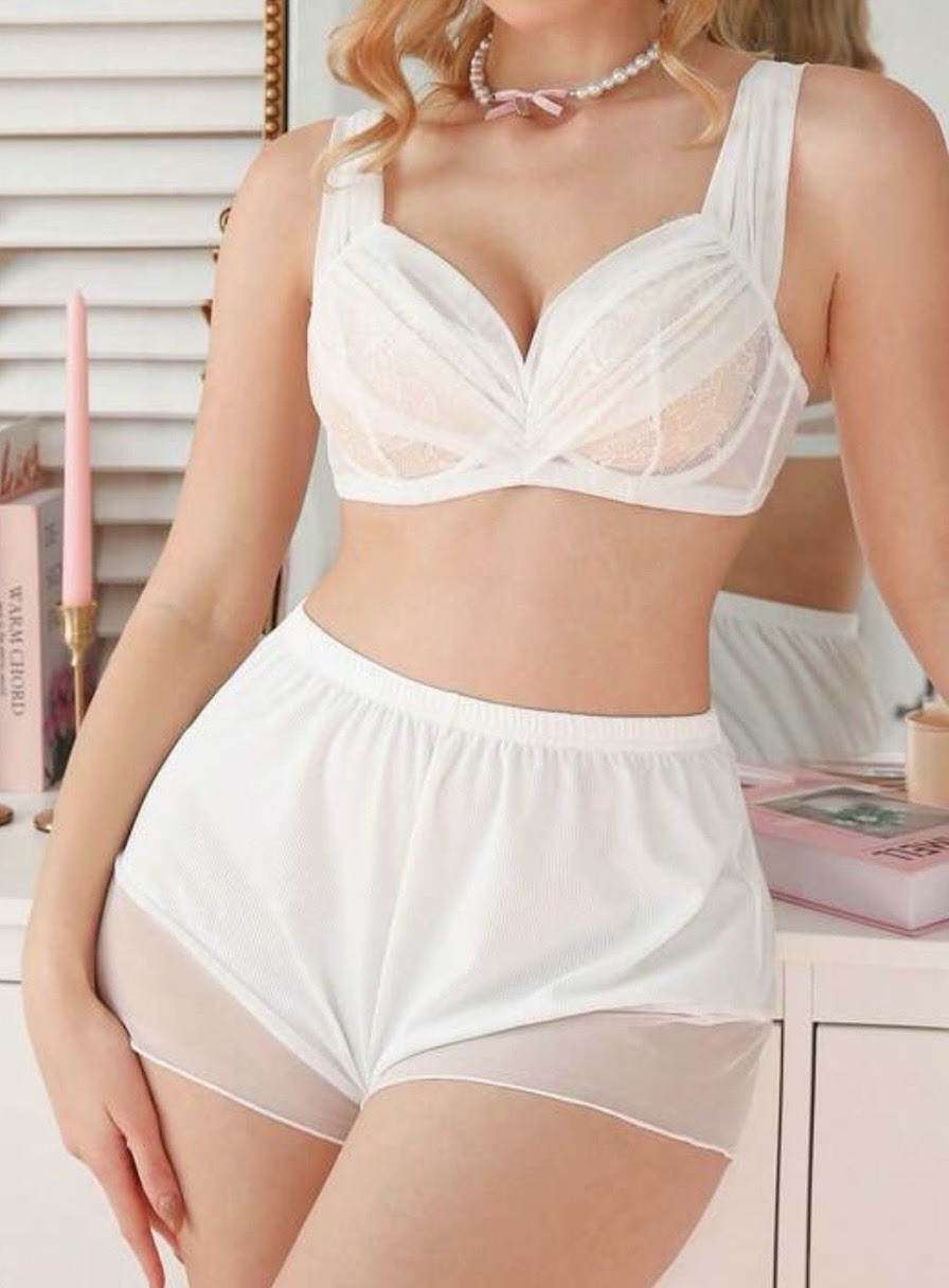 Romantic Bridal Chiffon Accented UW Bra & Shorts Lingerie Sleep Set L NEW