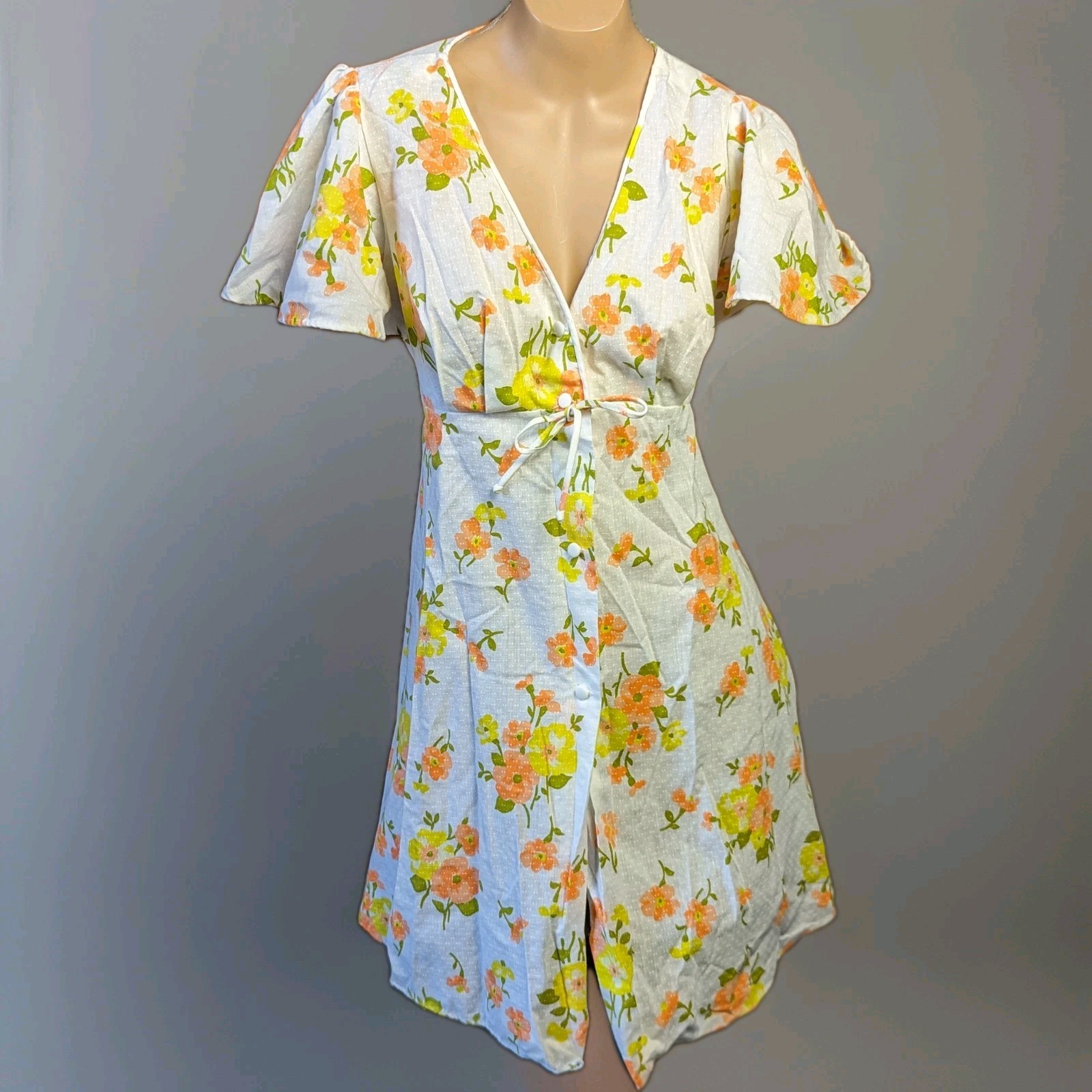 Vintage 1970s White Orange Floral Babydoll Mod Sleeveless Wrap Sun Dress Sz XS/S