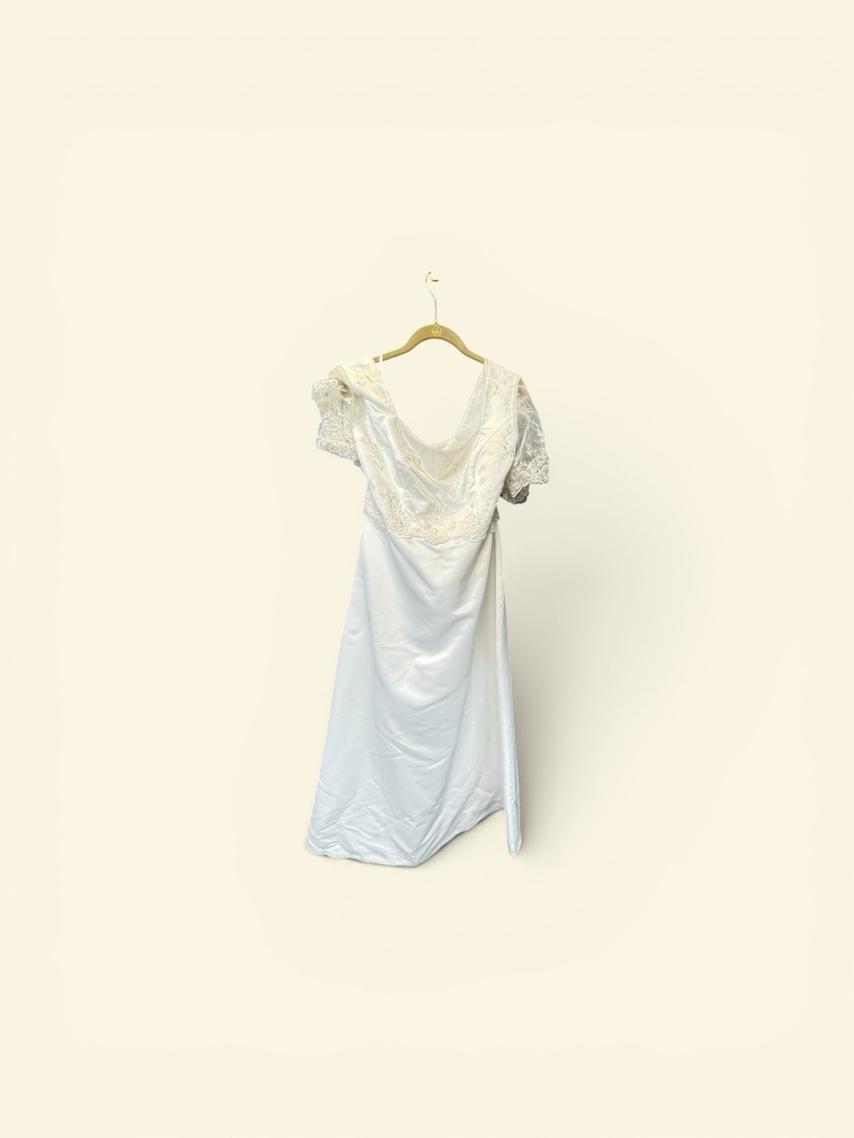 Vintage White Satin and Lace Beaded Wedding Dress with Short Sleeves