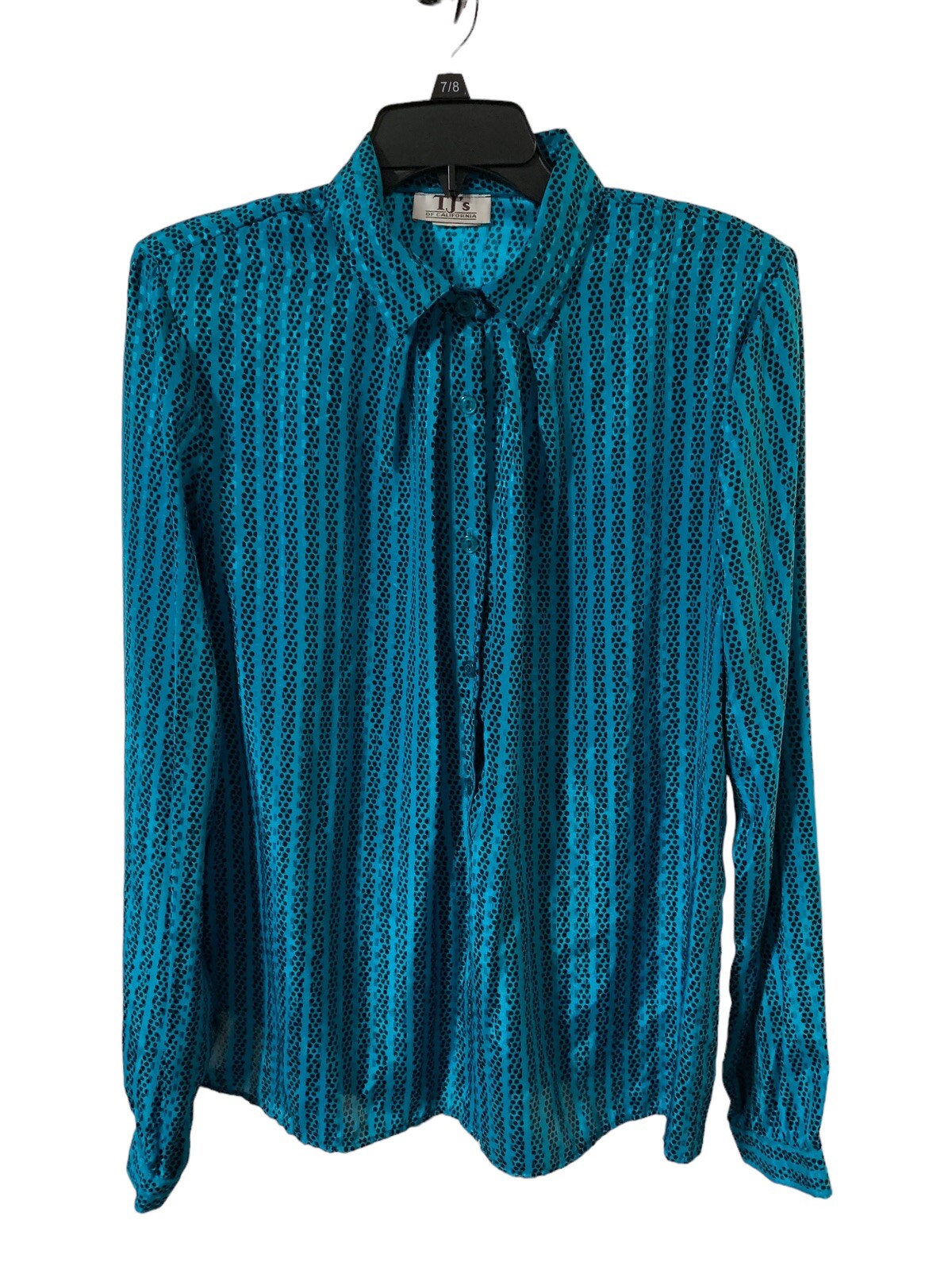 Vintage 80s Teal TJ’S Tie Neck Blouse Womens Button Up Long Sleeve Shirt Top