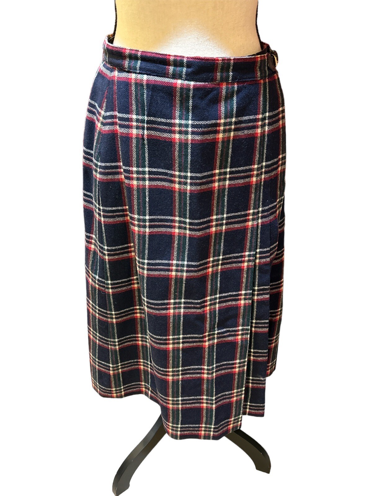 Vtg Wool Blue Plaid Wrap Skirt Side Belt Women Sz 12 Pleated Safety Pin School