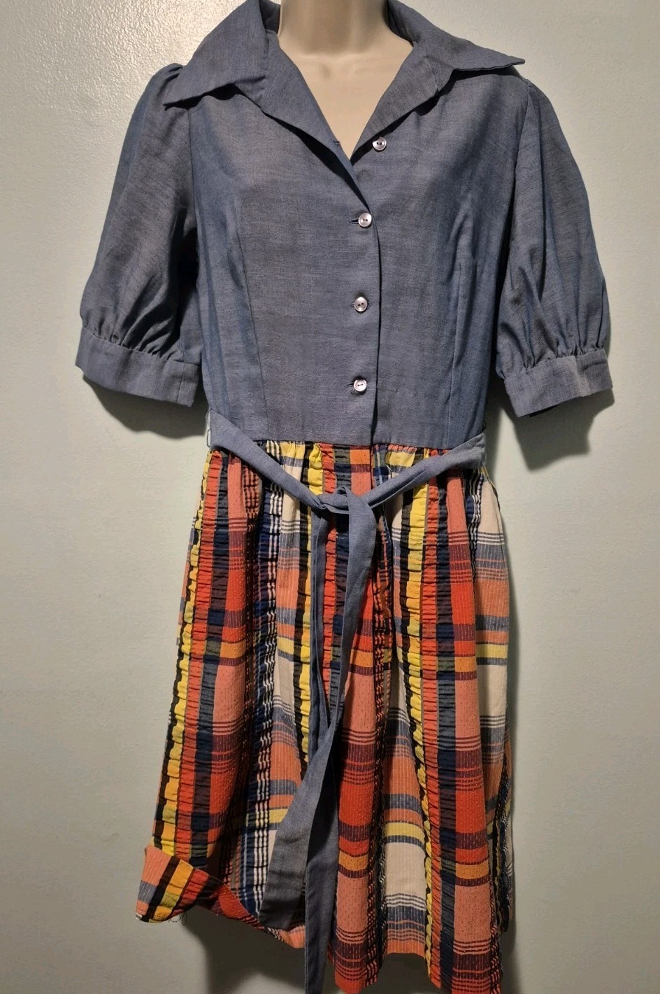 Vintage 80s Blue Short Sleeve Shirt Dress Multicolor June Clever