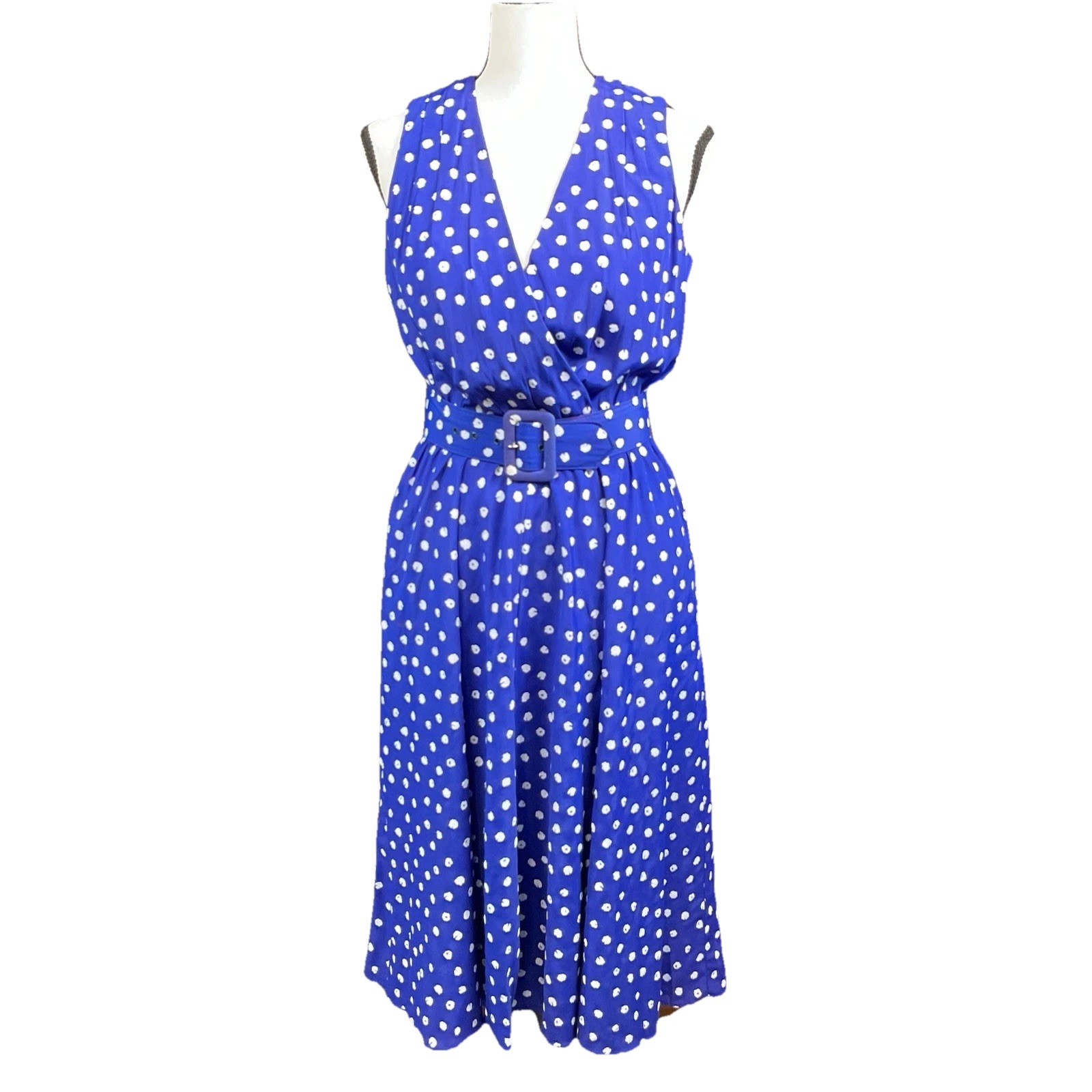 VTG Sheri Martin Blue Polka Dot Sundress Size 2 Petite Belt Midi 80’s Secretary