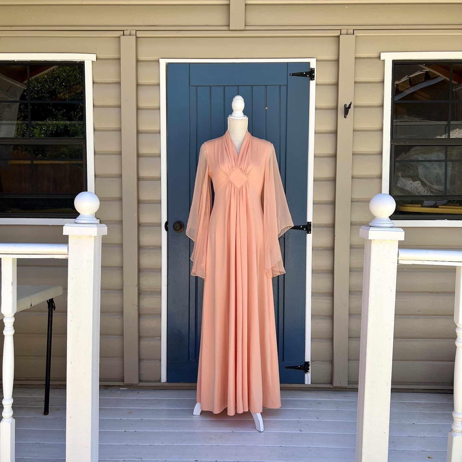 Vintage 70s Peach Chiffon Maxi Dress w/ Sheer Butterfly Sleeves Plunge Neck XS