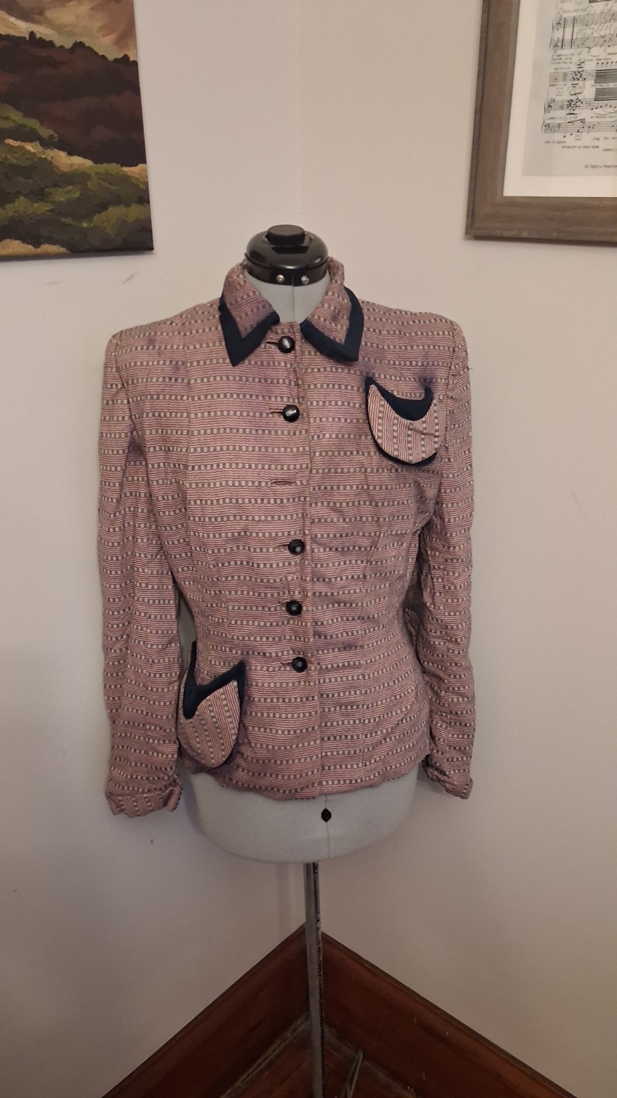 Vintage 1940s Suit Jacket Womens Blazer. Navy And Pink Jonasson’s Retro Coat