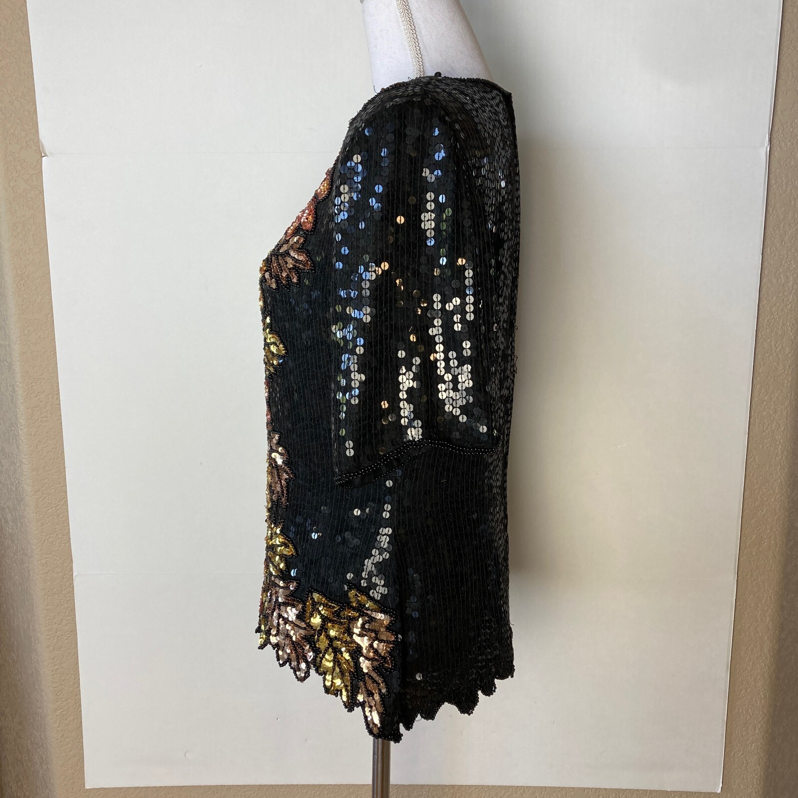 Ste’nay M Sequin Silk Top Floral Evening Cocktail Black Gold Copper Short Sleeve