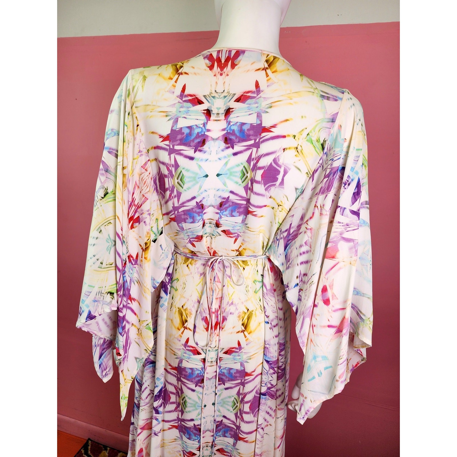 Y2K Tie Dye Silk Caftan White and Pastel Angel Sleeve Maxi Dress