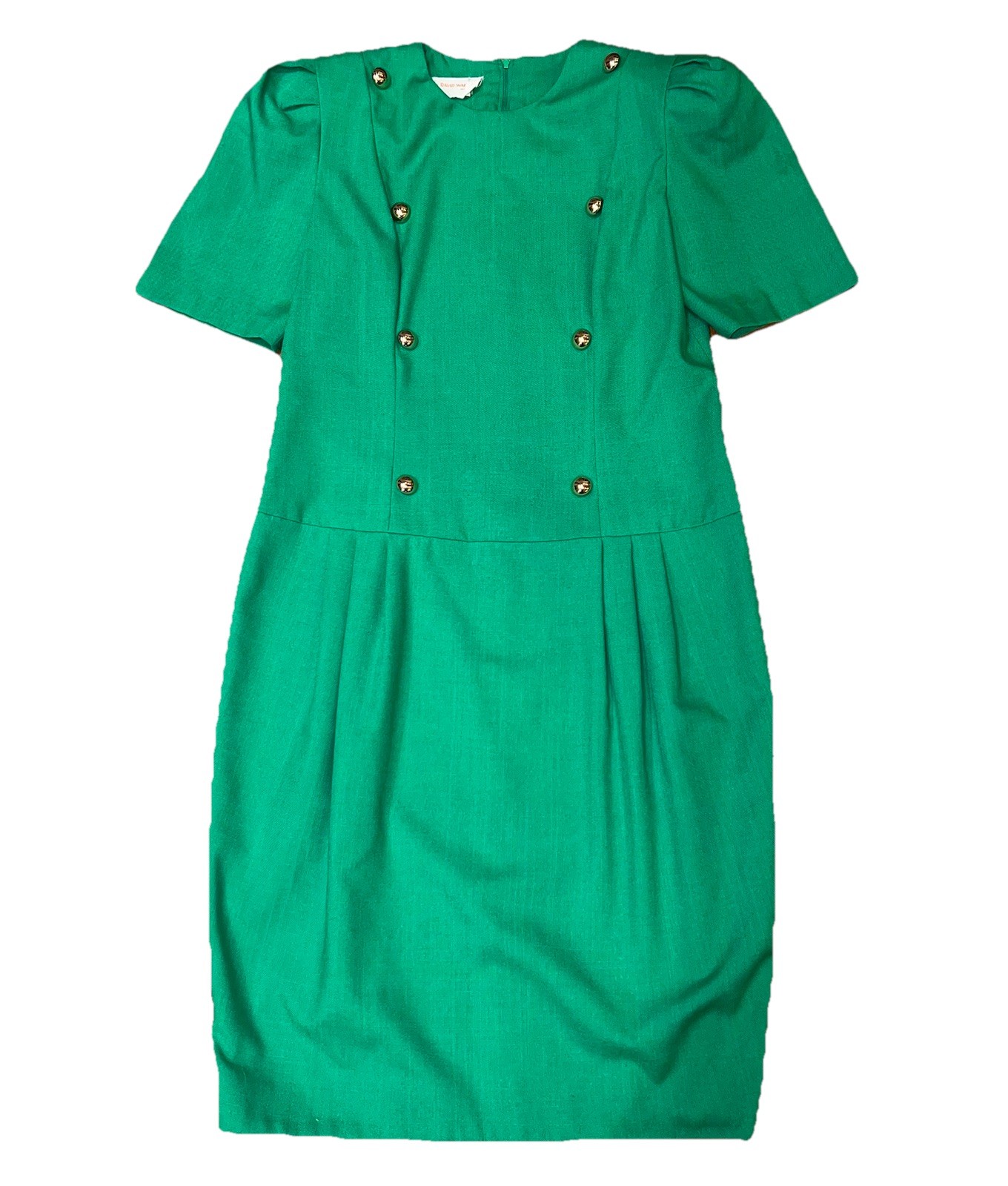 Vtg. David Warren New York Sheath Dress Gold Tone Buttons-Puff Sleeve-Midi