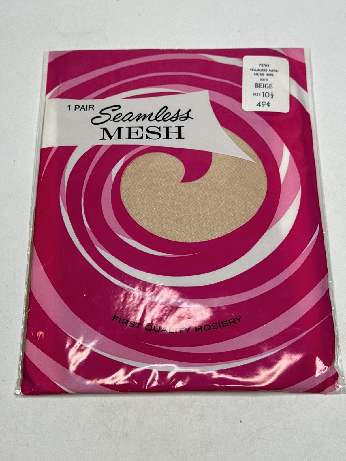 Vtg Seamless Mesh stockings 1 Pair Thigh High Stretch Nylon Size 10 1/2 Nude