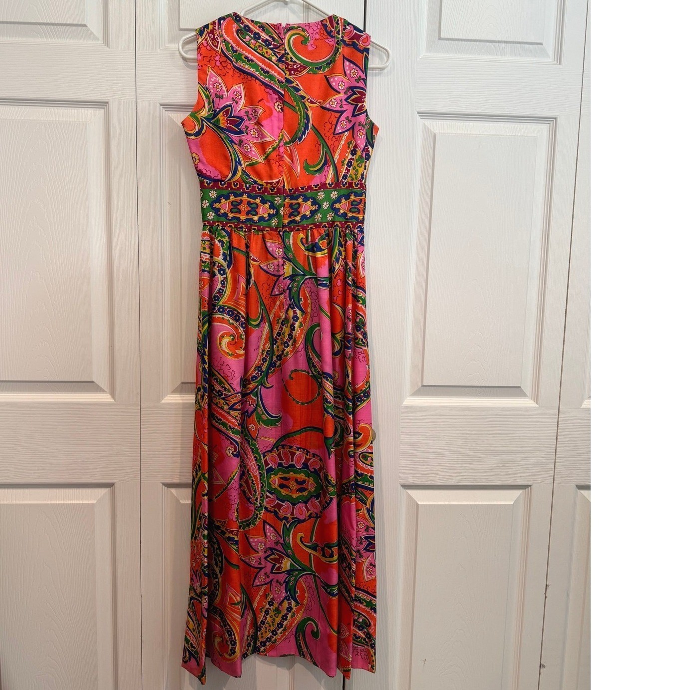 Vintage Handmade Vibrant Sleeveless Paisley Maxi Dress SMALL Mod Hippie 70s